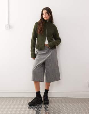 Weekday Wool Blend Hairy Knit Zip Up Cardigan In Green