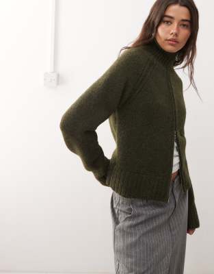 Weekday wool blend hairy knit zip up cardigan in dark green