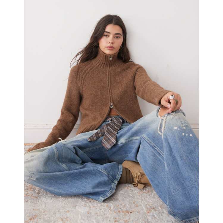 Weekday wool blend hairy knit zip up cardigan in heathered brown