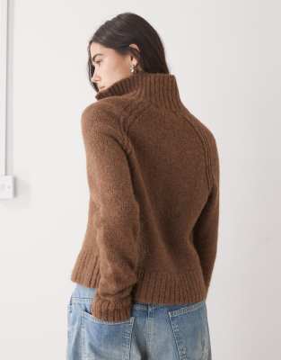Weekday Wool Blend Hairy Knit Zip Up Cardigan In Brown