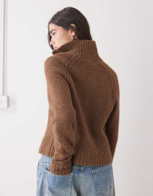 Weekday wool blend hairy knit zip up cardigan in heathered brown