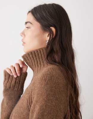 Weekday wool blend hairy knit zip up cardigan in heathered brown