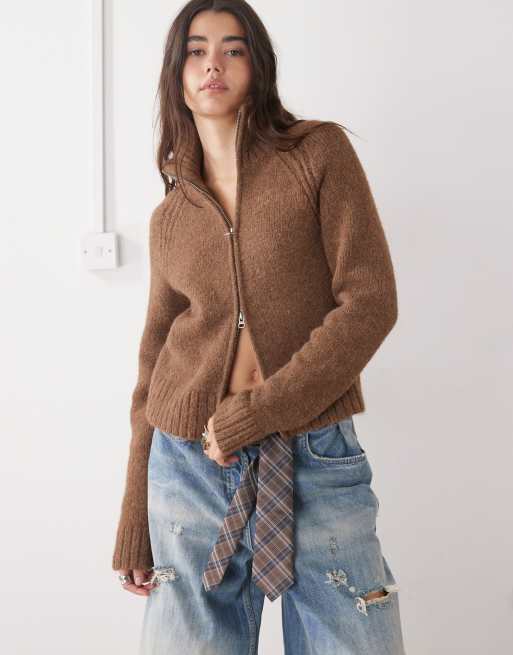 Weekday wool blend hairy knit zip up cardigan in heathered brown
