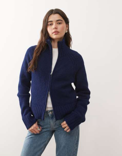 Weekday wool blend hairy knit zip up cardigan in heathered navy - view 1
