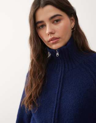 Weekday Wool Blend Hairy Knit Zip Up Cardigan In Blue