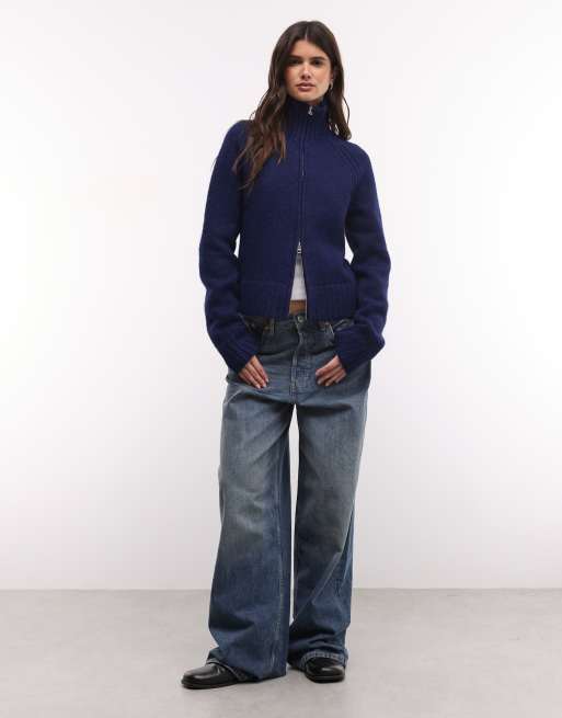 Weekday wool blend hairy knit zip up cardigan in heathered navy, 4 of 4