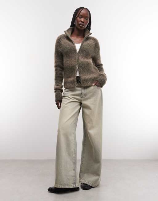 Weekday wool blend hairy knit zip up cardigan in khaki and brown space dye melange, 3 of 4