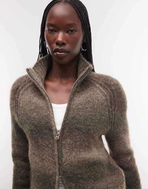 Weekday wool blend hairy knit zip up cardigan in khaki and brown space dye melange, 4 of 4