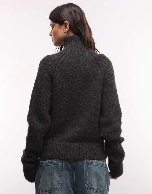 Weekday wool blend hairy knit zip up cardigan in off-black melange, 3 of 4