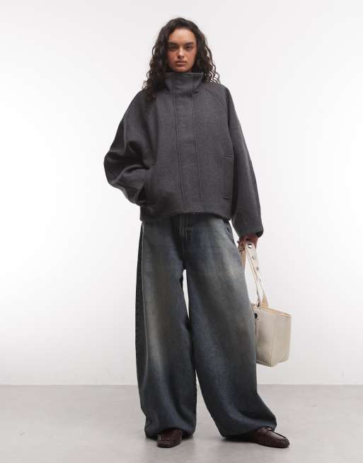Weekday wool blend jacket with funnel neck collar in grey melange , 2 of 4
