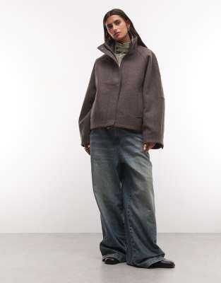 Weekday Wool Blend Jacket With Funnel Neck Collar In Brown