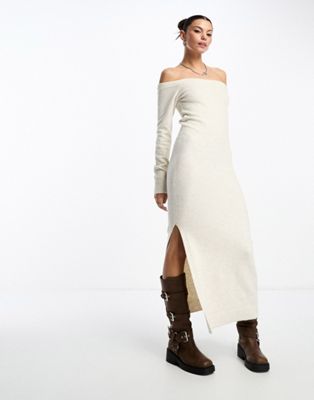 Weekday wool blend off shoulder midaxi knitted jumper dress in off-white melange exclusive to ASOS