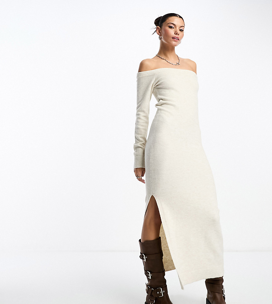 Weekday wool blend off shoulder midaxi knitted jumper dress in off-white melange exclusive to ASOS