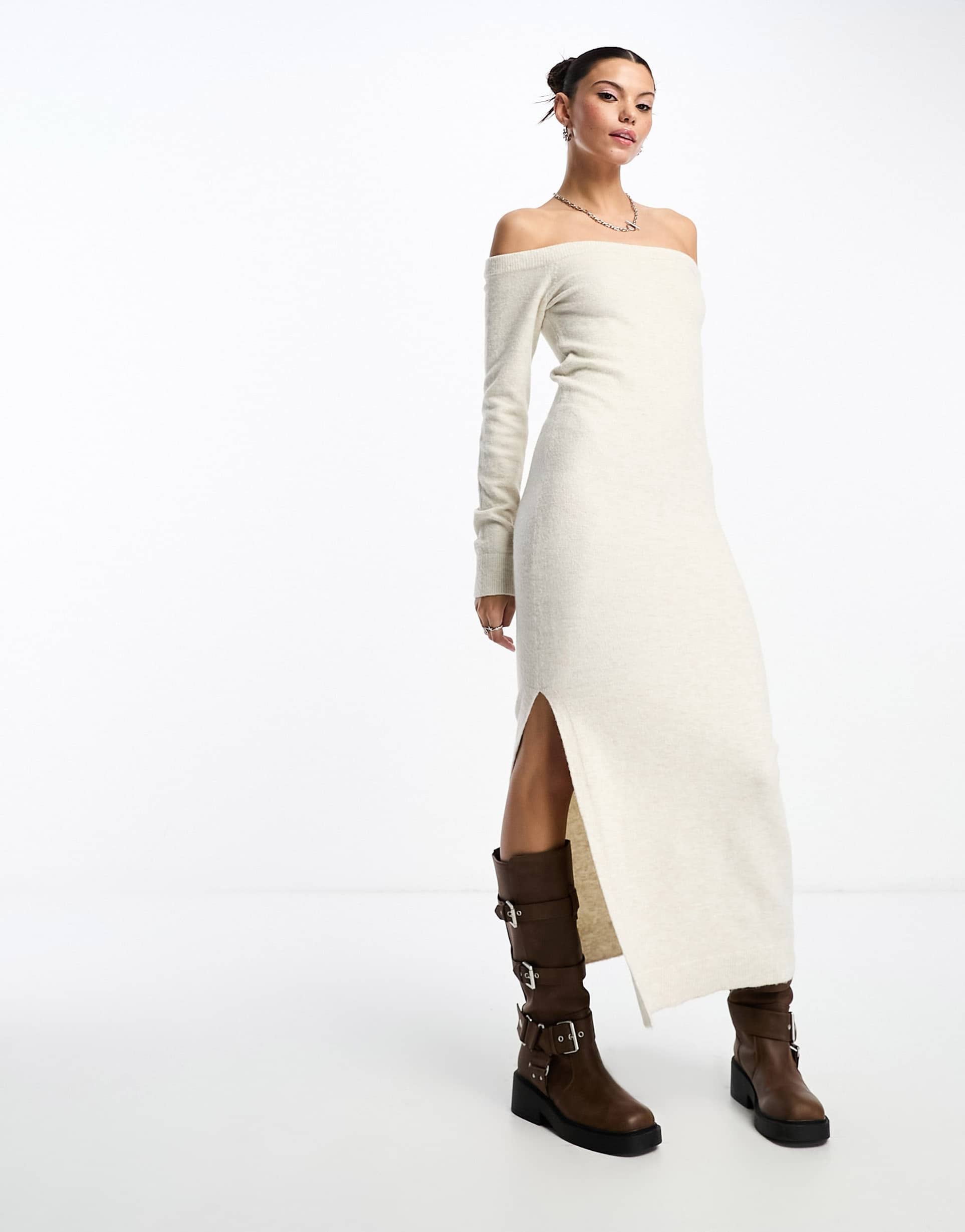 weekday wool blend off shoulder midaxi knitted sweater dress in off-white melange exclusive to asos