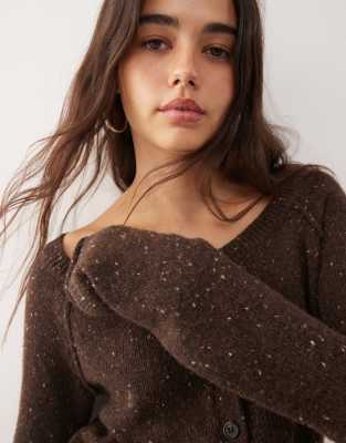 Weekday Wool Blend Off Shoulder Neppy Cardigan In Brown