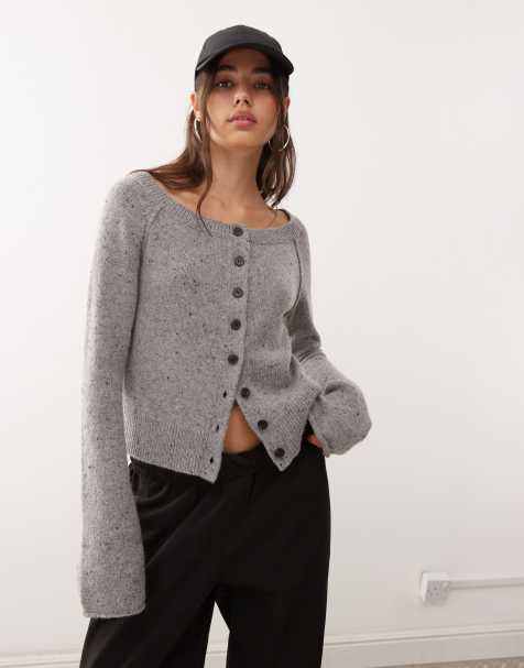 Weekday wool blend off shoulder neppy cardigan in grey - view 1