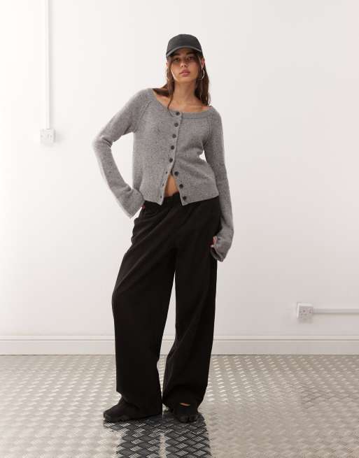 Weekday wool blend off shoulder neppy cardigan in grey, 3 of 4