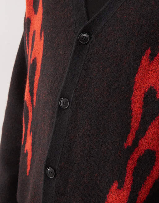 Weekday wool blend oversized cardigan with flame graphic in black, 5 of 5