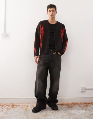Weekday Wool Blend Oversized Cardigan With Flame Graphics In Black