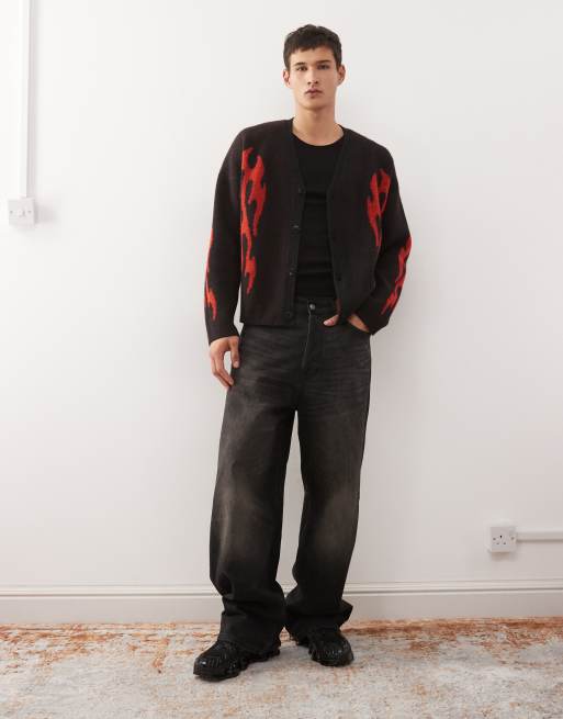Weekday wool blend oversized cardigan with flame graphics in black