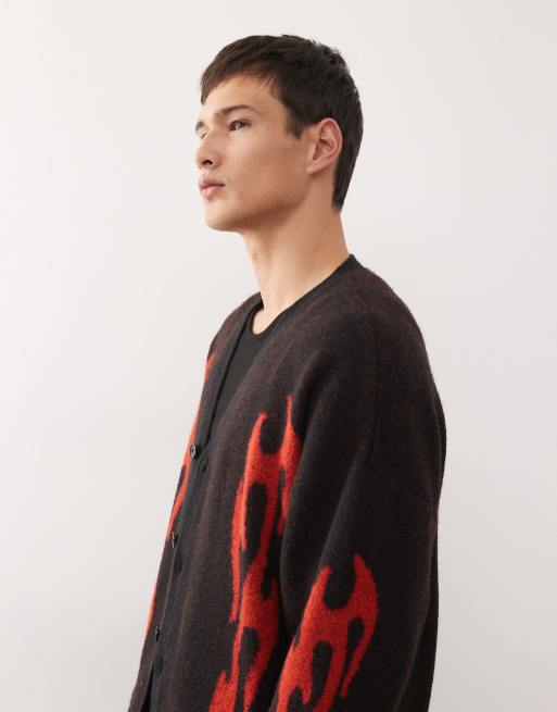 Weekday wool blend oversized cardigan with flame graphics in black, 4 of 5