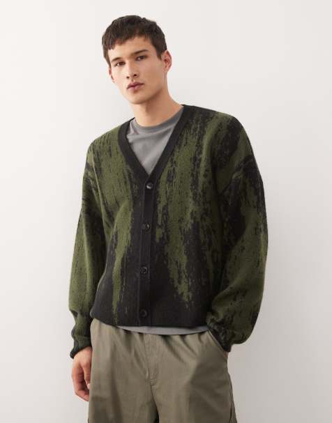 Weekday wool blend oversized cardigan with jacquard pattern in black & khaki