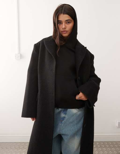 Weekday - Oversized jas van wolmix met overdreven schouders in zwart met visgraatmotief