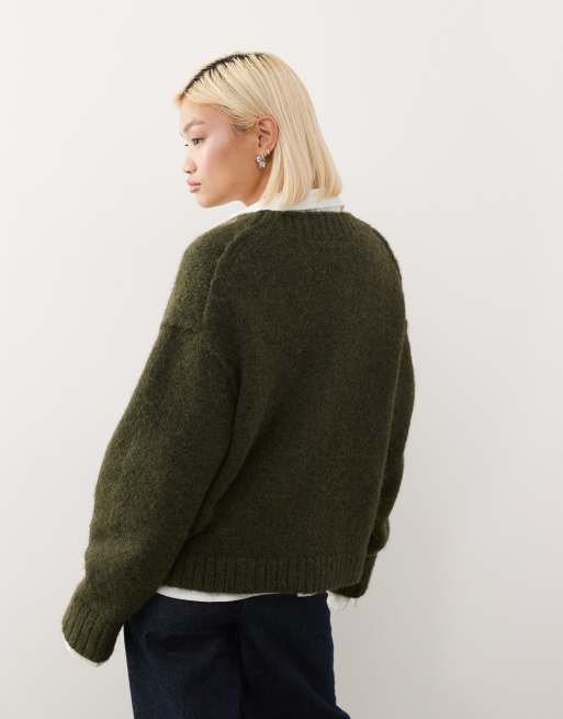 Weekday wool blend relaxed fit v neck cardigan in dark green melange, 4 of 4