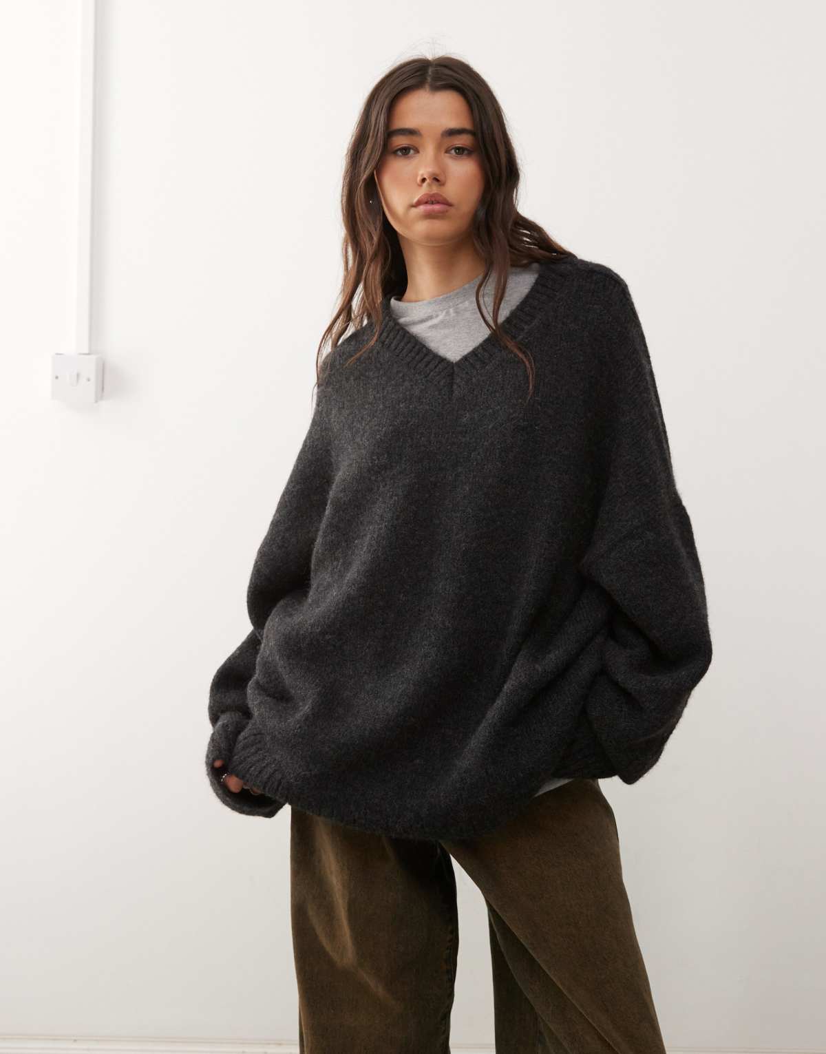 Weekday wool blend super oversized v neck jumper in black