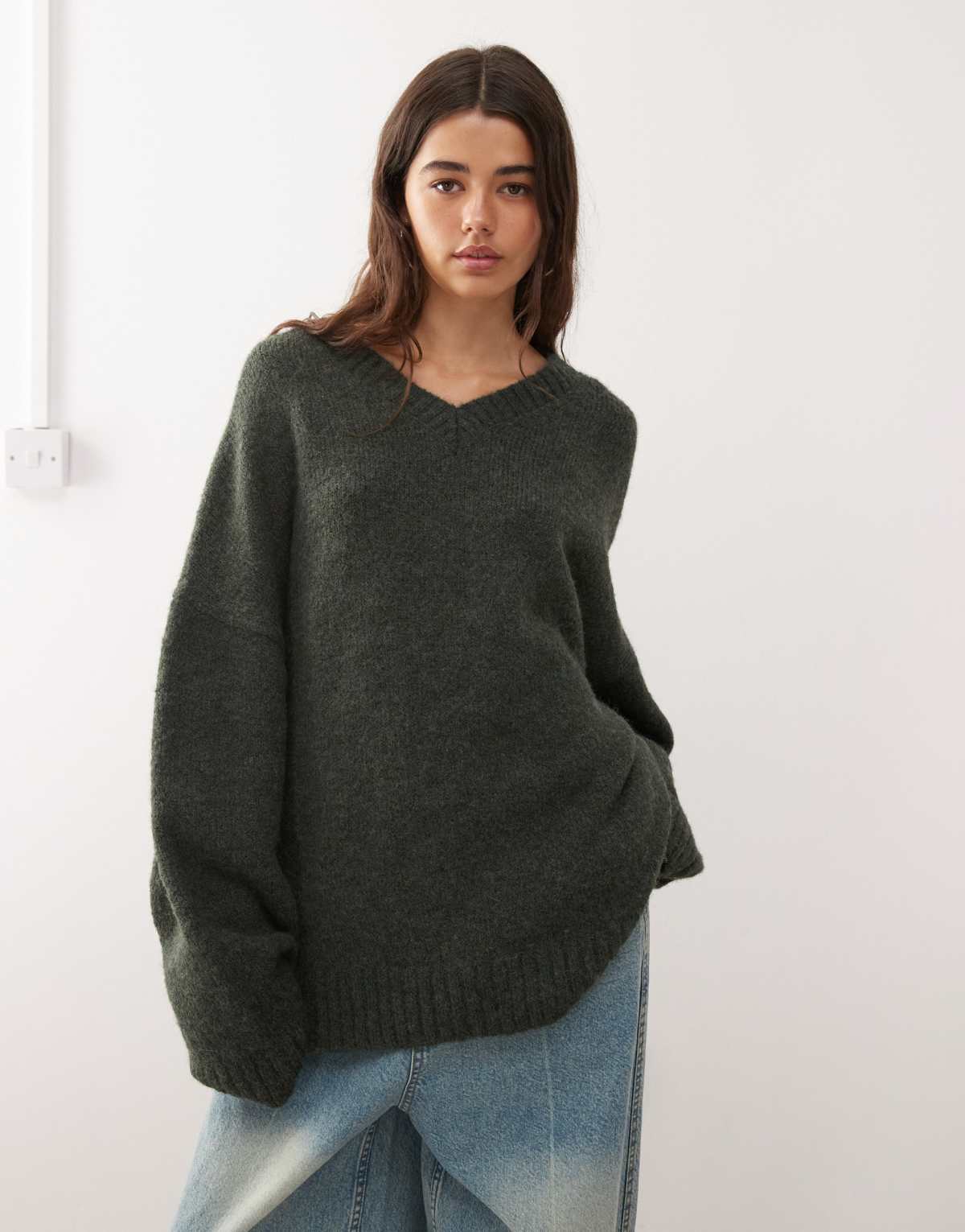 Weekday wool blend super oversized v neck jumper in dark green melange