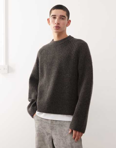 Weekday wool blend two-tone rib raglan jumper in dark mole & black - view 1
