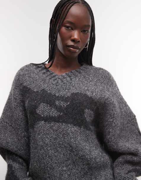 Weekday wool blend v neck jumper with tonal jacquard graphic in grey - view 1