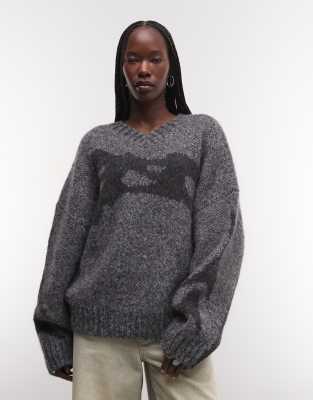 Weekday Wool Blend V Neck Sweater With Tonal Jacquard Graphic In Gray