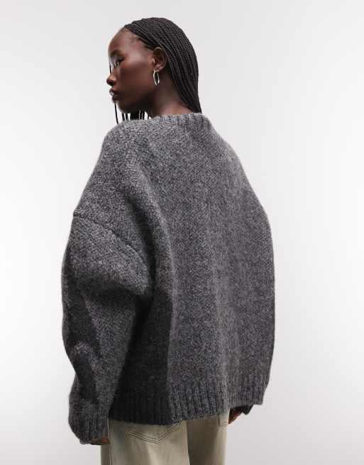 Weekday wool blend v neck sweater with tonal jacquard graphic in gray, 3 of 4