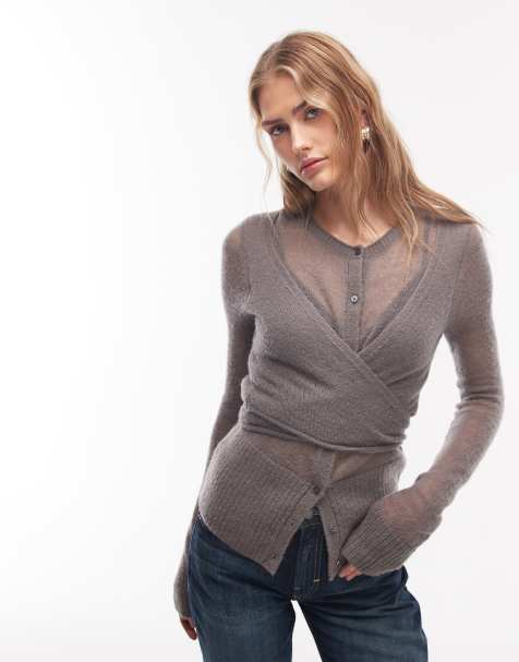 Weekday wool blend wrap cardigan with button detail in dark grey - view 1