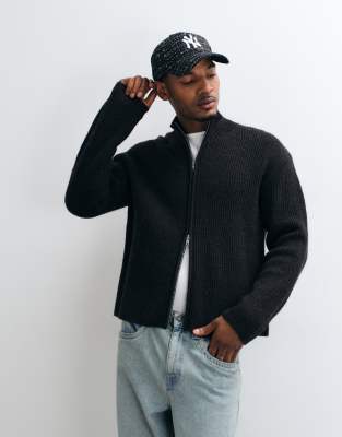 Weekday Wool Blend Zip Cardigan In Black