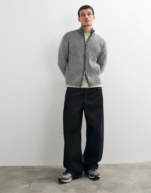 Weekday wool blend zip cardigan in white and black 2-tone rib, 2 of 5