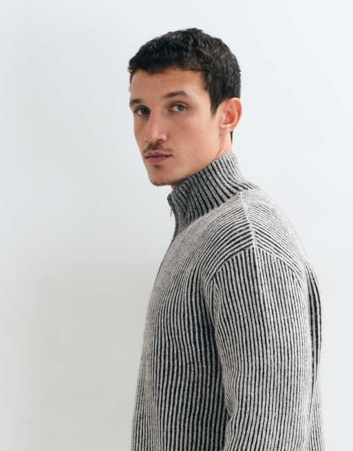 Weekday wool blend zip cardigan in white and black 2-tone rib, 4 of 5