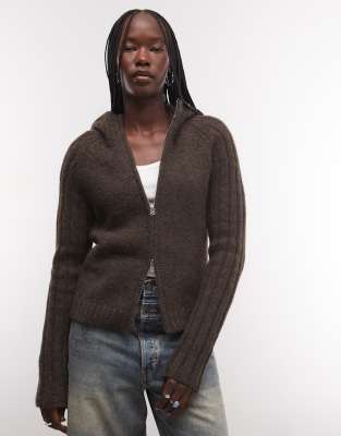 Weekday Wool Blend Zip Cardigan With Hood In Brown