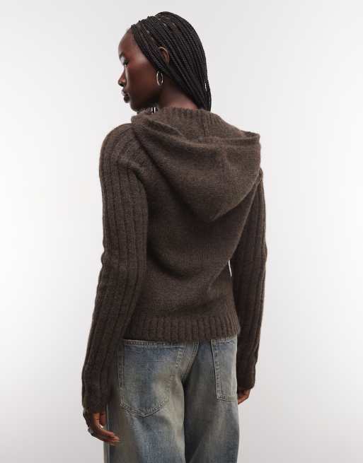 Weekday wool blend zip cardigan with hood in dark brown melange, 2 of 4