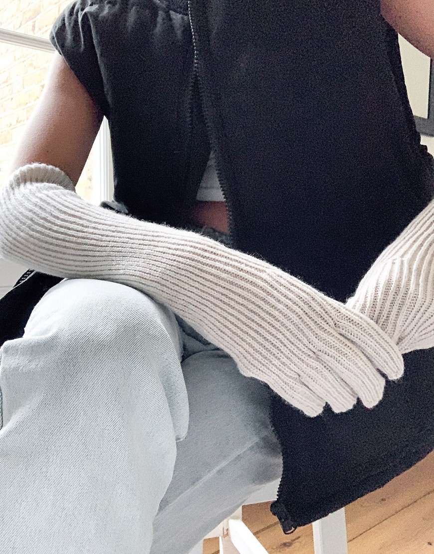 Weekday wool mix long gloves in off white melange