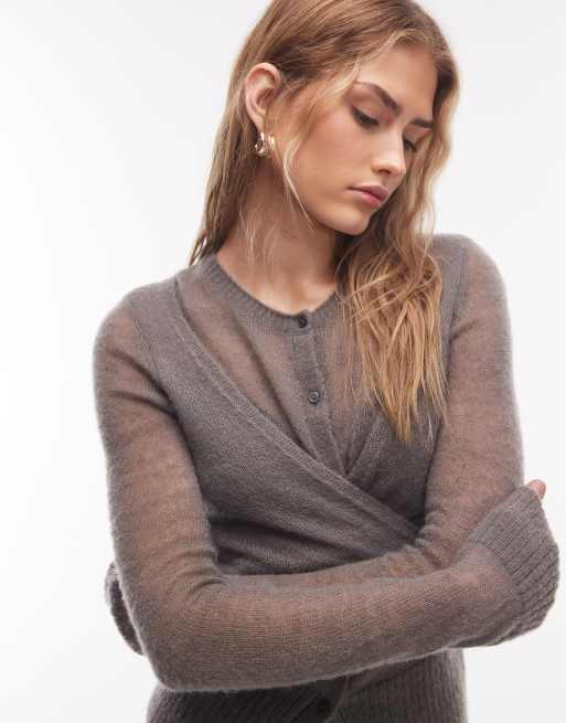 Weekday woolblend wrap cardigan with button detail in dark grey, 3 of 4
