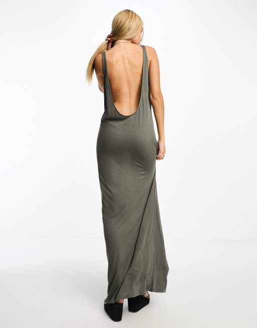Weekday Yael open back maxi dress in khaki grey