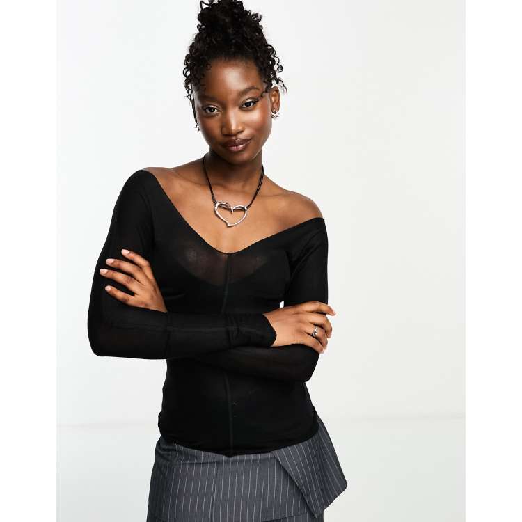 Weekday Yen sheer v neck off shoulder long sleeve top in off-black