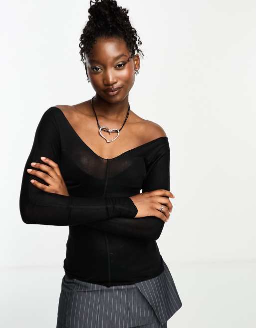 Weekday Yen sheer v neck off shoulder long sleeve top in off black