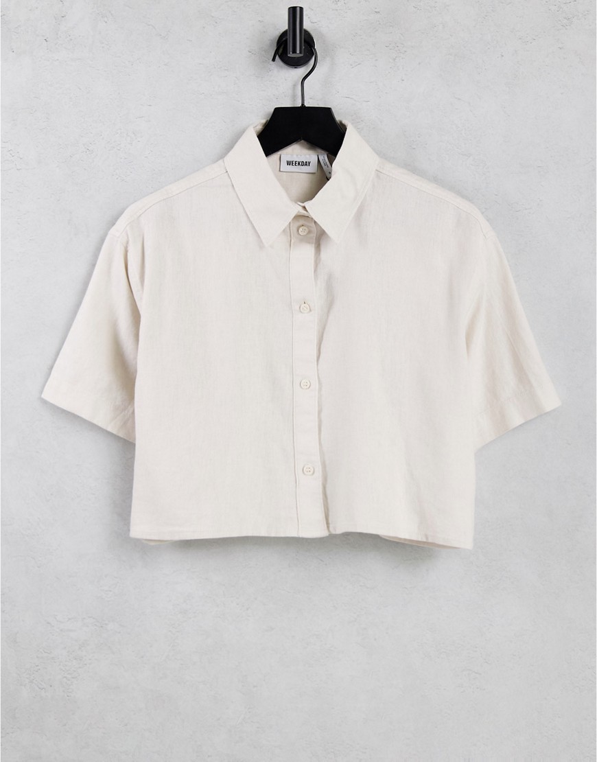 Weekday Ylva cropped linen shirt in beige-Neutral