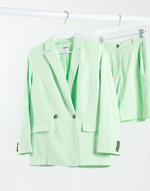 Weekday Yoko co-ord double breasted linen effect blazer in bright green