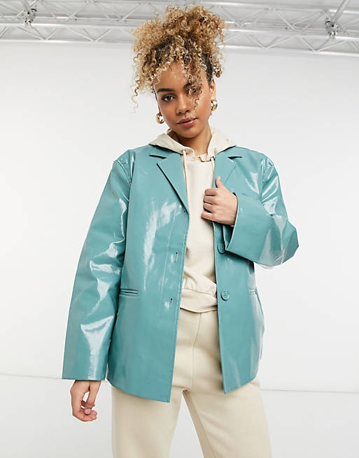 Weekday Zana co-ord short coated jacket in turquoise dogtooth