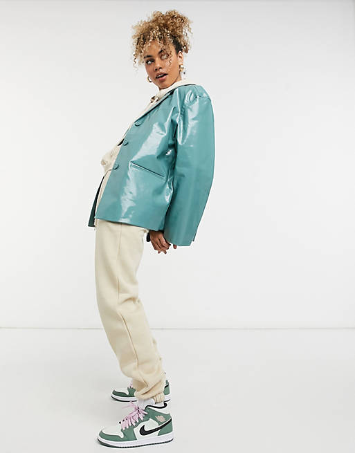 Coats & Jackets Weekday Zana co-ord short coated jacket in turquoise dogtooth 