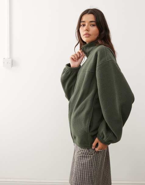 Weekday oversized borg zip fleece in dark khaki